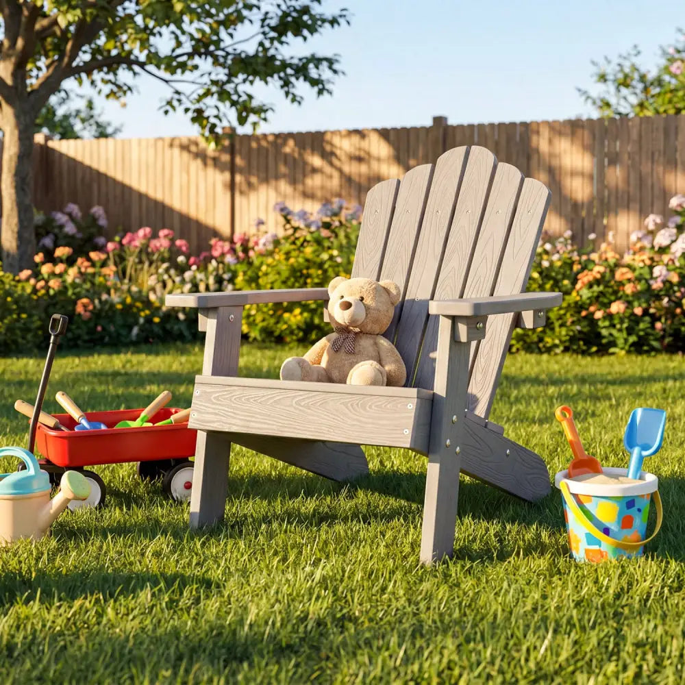 Kids Adirondack Chair All-weather Outdoor Chair for Children with Tilted High Backrest-Grey - Gray - Kids Chairs &