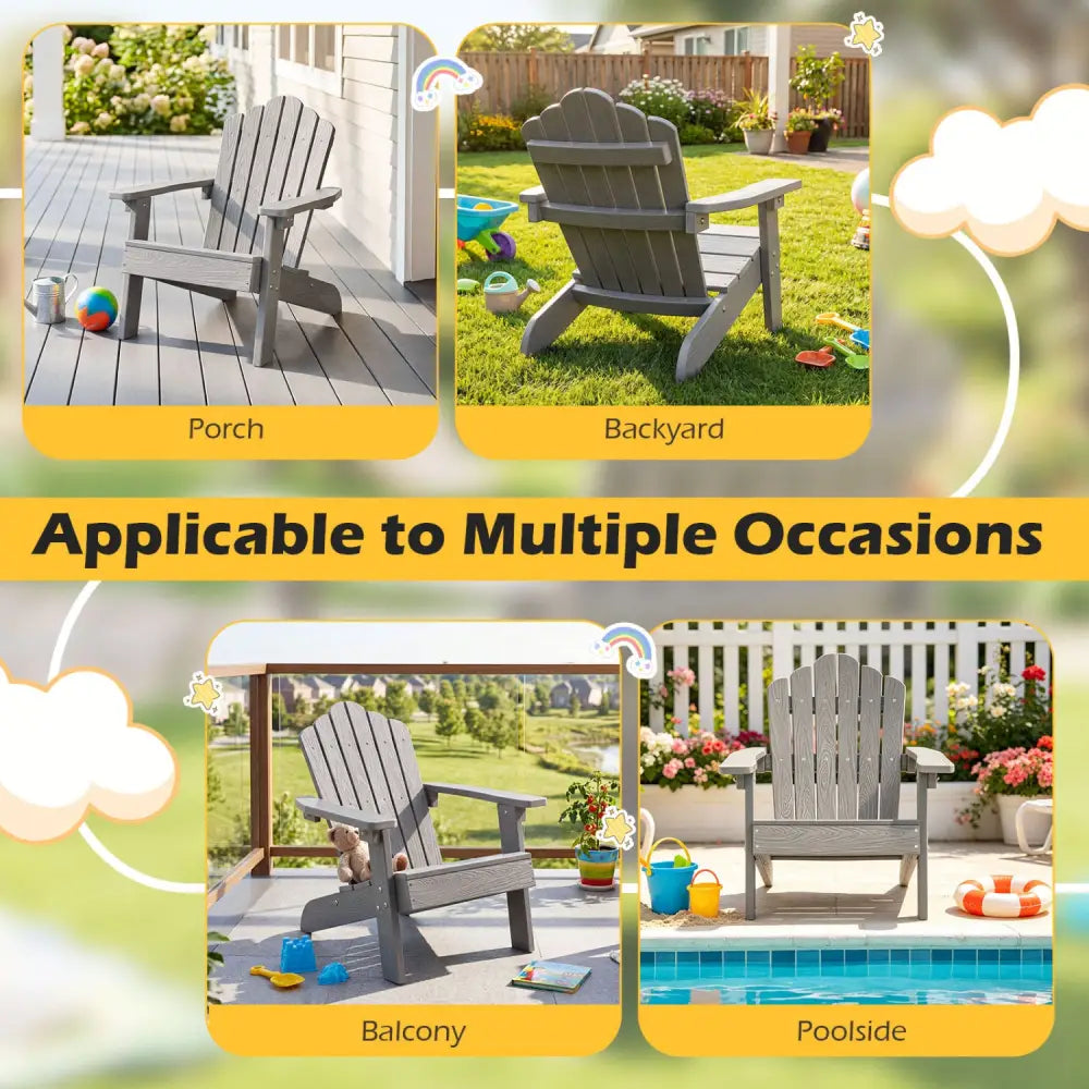 Kids Adirondack Chair All-weather Outdoor Chair for Children with Tilted High Backrest-Grey - Gray - Kids Chairs &
