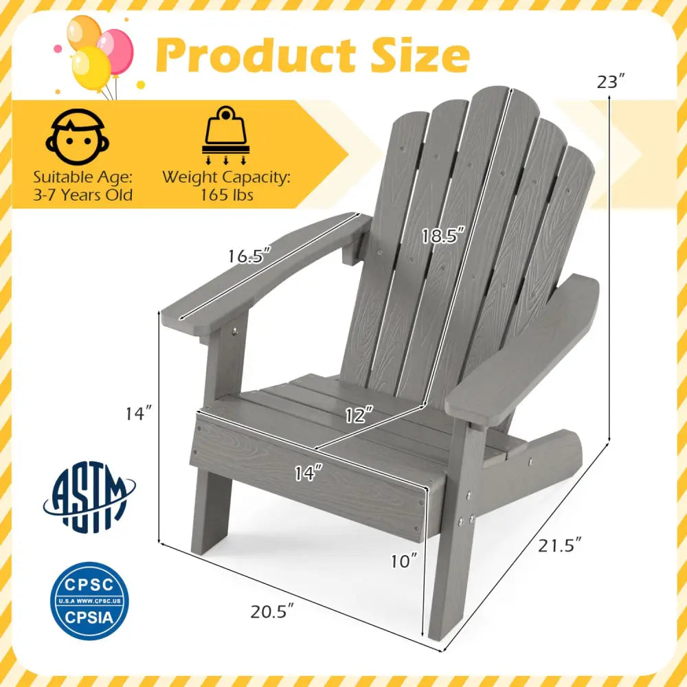 Kids Adirondack Chair All-weather Outdoor Chair for Children with Tilted High Backrest-Grey - Gray - Kids Chairs &
