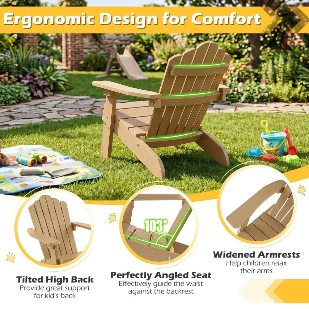 Kids Adirondack Chair All-weather Outdoor Chair for Children with Tilted High Backrest-Brown - Brown - Kids Chairs &