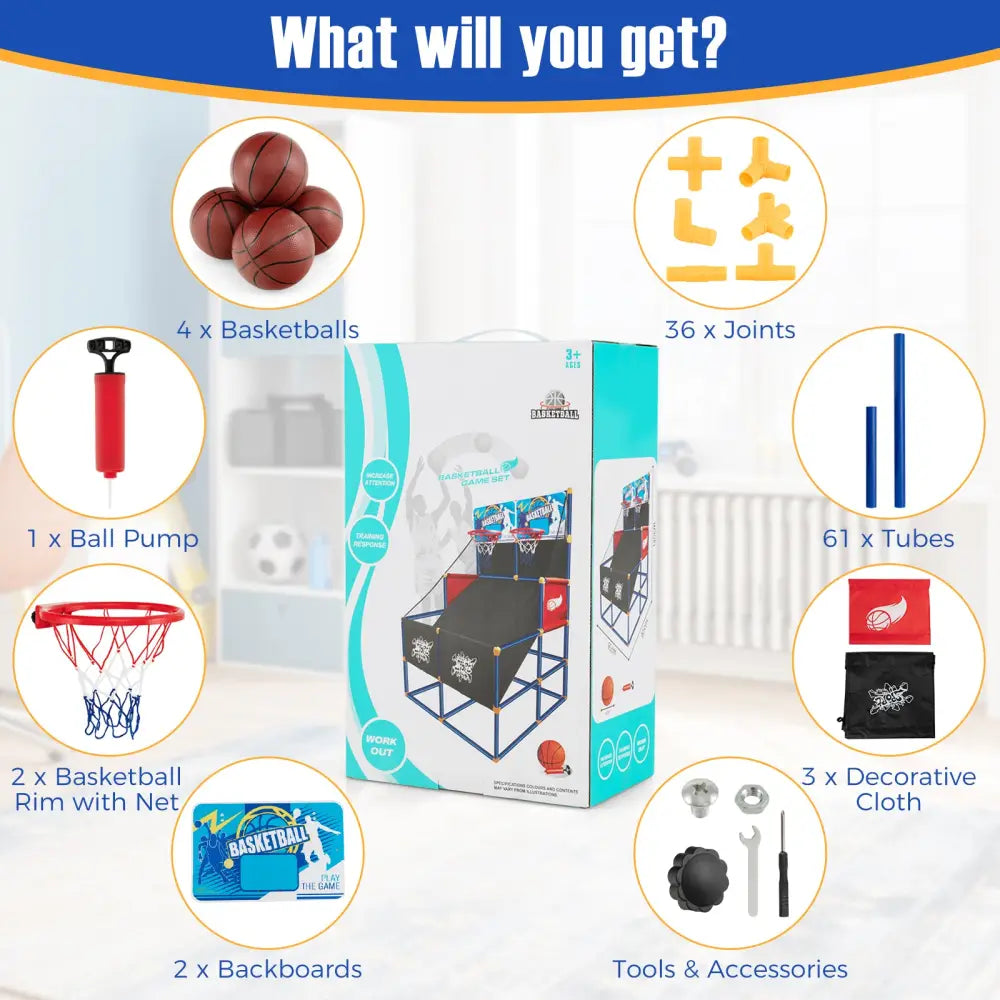 Kids Arcade Basketball Game Set with 4 Basketballs and Ball Pump - Multicolor - Game Room
