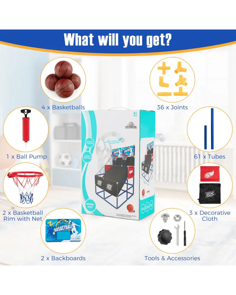 Kids Arcade Basketball Game Set with 4 Basketballs and Ball Pump - Multicolor - Game Room