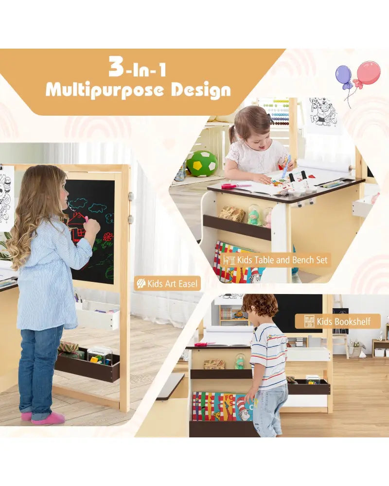Kids Art Center Wooden Table Bench Set-Brown - Brown - Kids Table & Chair Sets