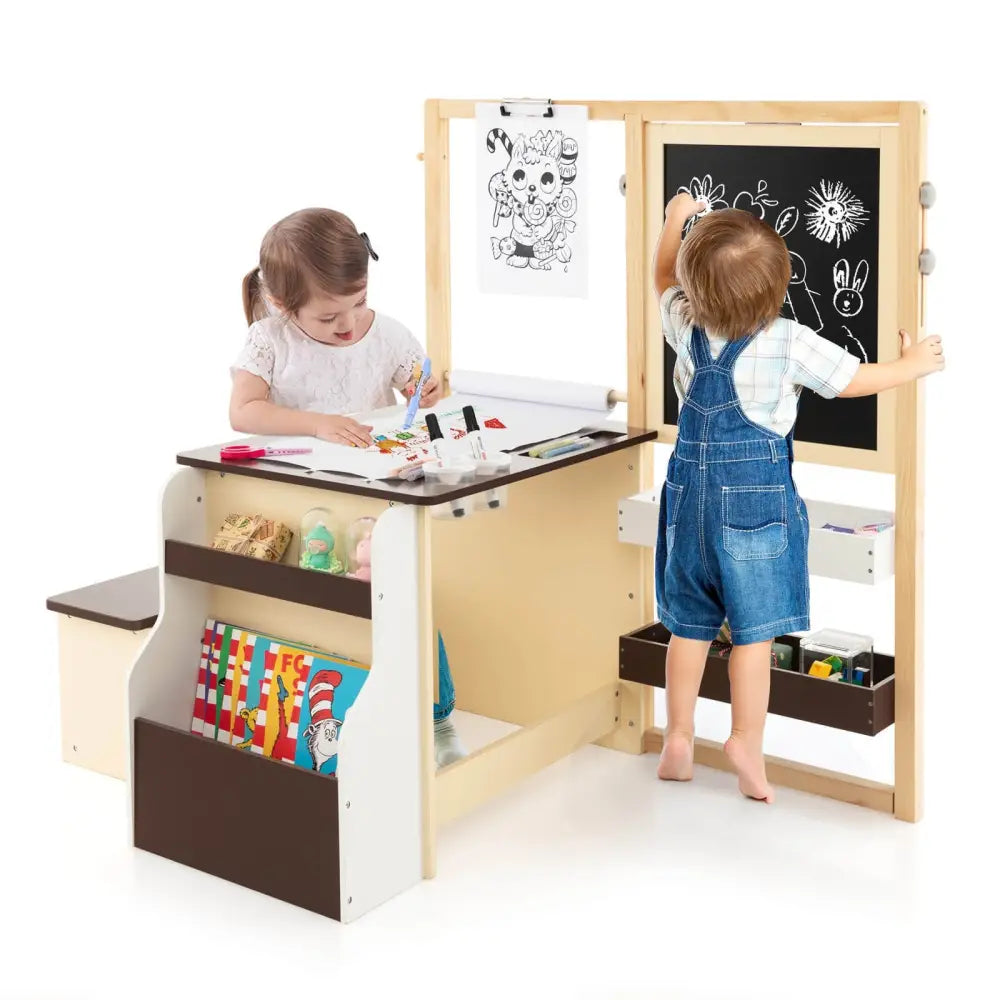 Kids Art Center Wooden Table Bench Set-Brown - Brown - Kids Table & Chair Sets