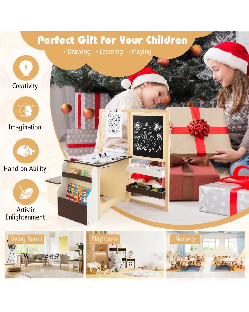 Kids Art Center Wooden Table Bench Set-Brown - Brown - Kids Table & Chair Sets
