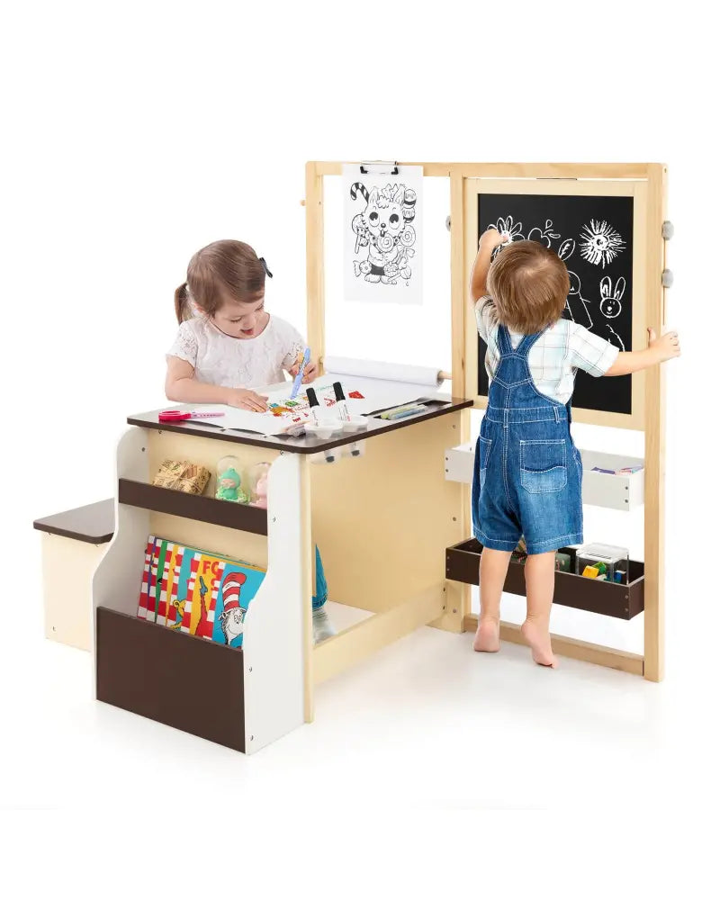 Kids Art Center Wooden Table Bench Set-Brown - Brown - Kids Table & Chair Sets