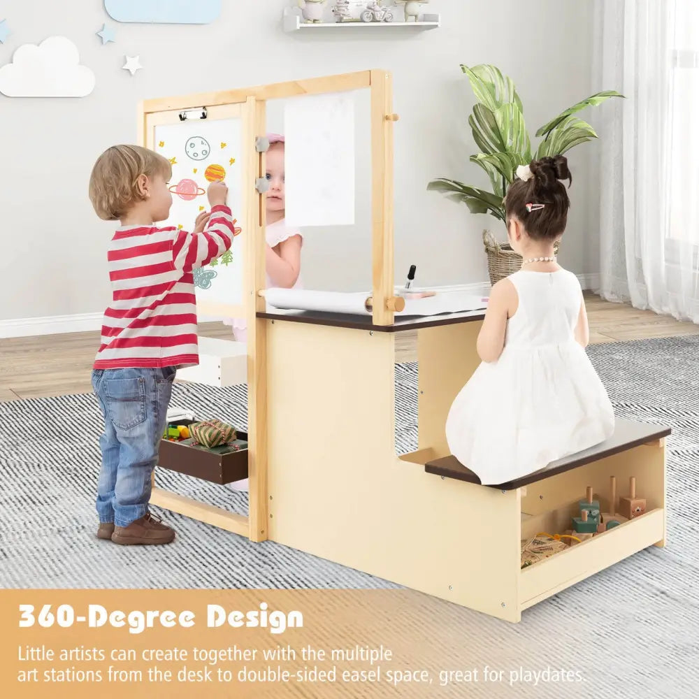 Kids Art Center Wooden Table Bench Set-Brown - Brown - Kids Table & Chair Sets