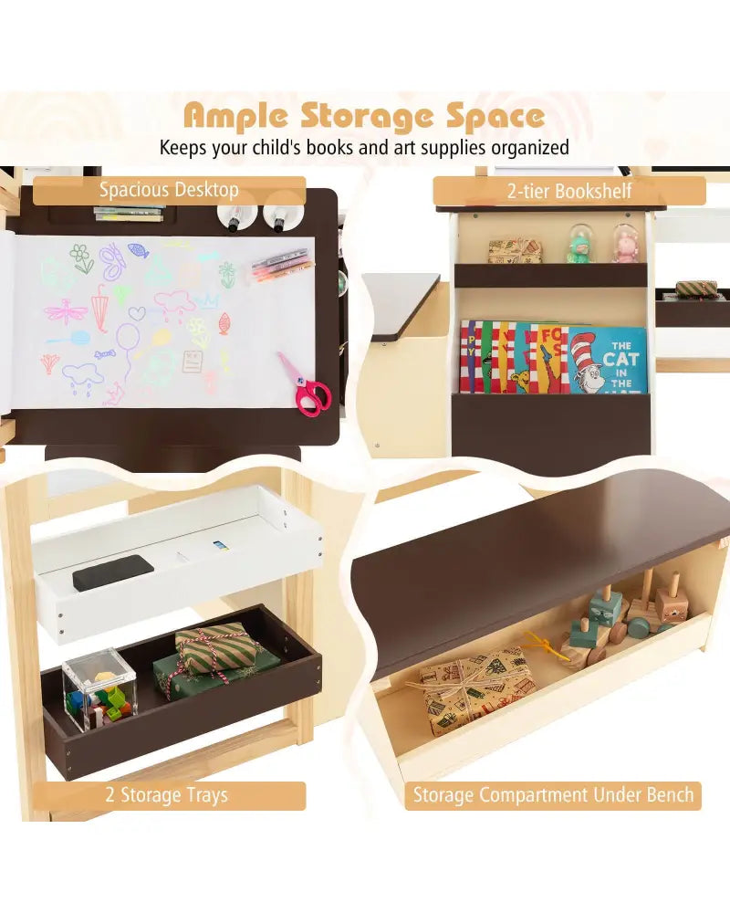 Kids Art Center Wooden Table Bench Set-Brown - Brown - Kids Table & Chair Sets
