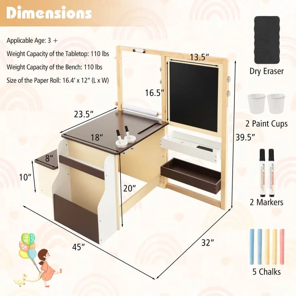 Kids Art Center Wooden Table Bench Set-Brown - Brown - Kids Table & Chair Sets