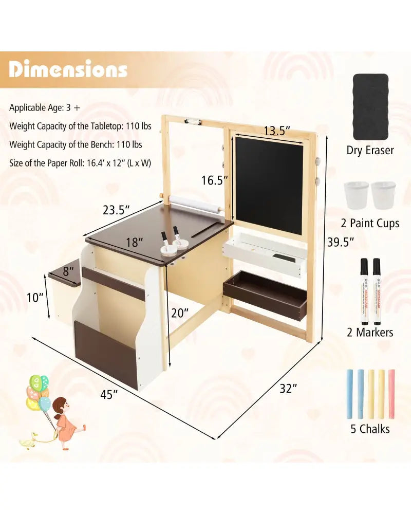 Kids Art Center Wooden Table Bench Set-Brown - Brown - Kids Table & Chair Sets