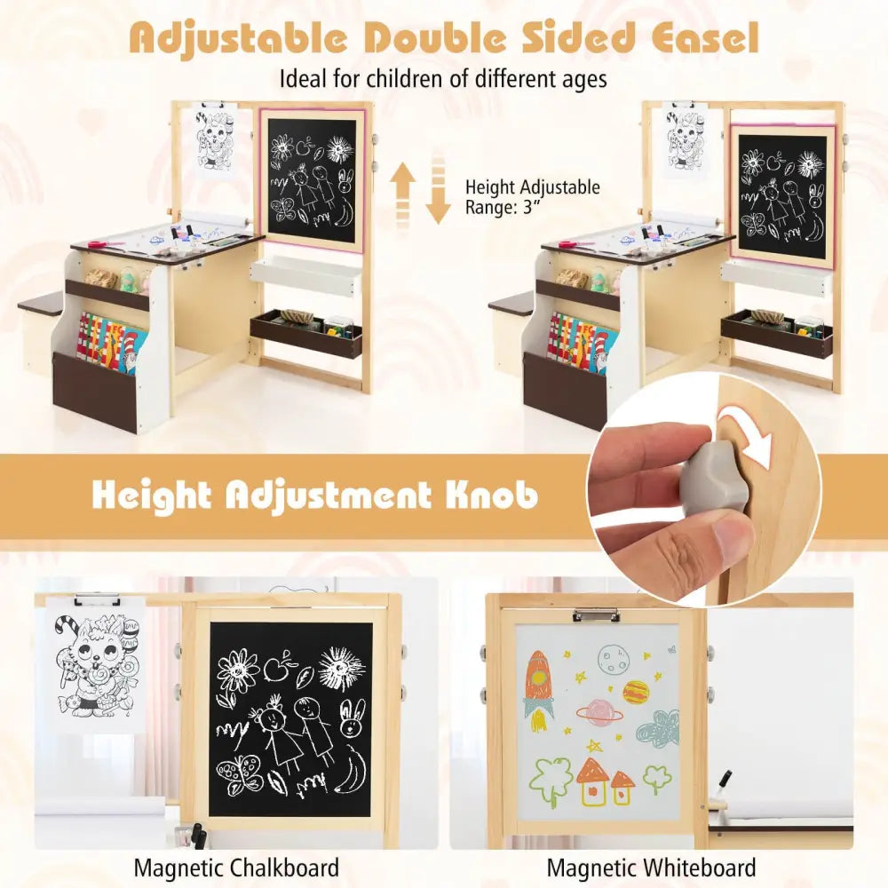 Kids Art Center Wooden Table Bench Set-Brown - Brown - Kids Table & Chair Sets