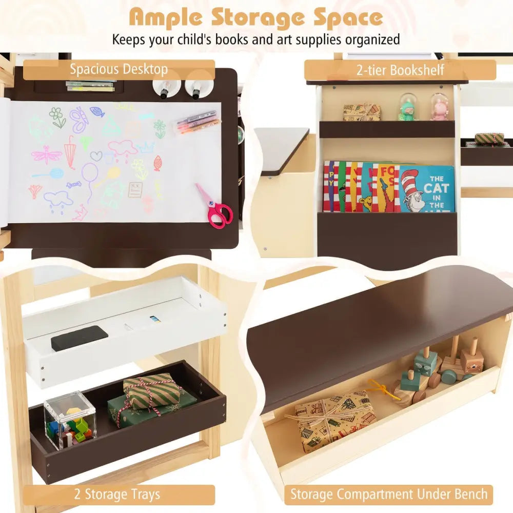 Kids Art Center Wooden Table Bench Set-Brown - Brown - Kids Table & Chair Sets