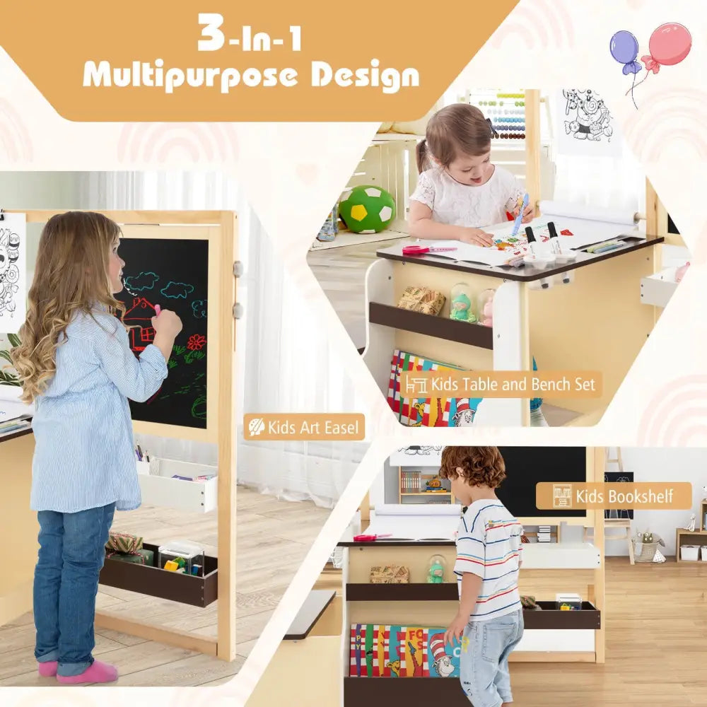 Kids Art Center Wooden Table Bench Set-Brown - Brown - Kids Table & Chair Sets