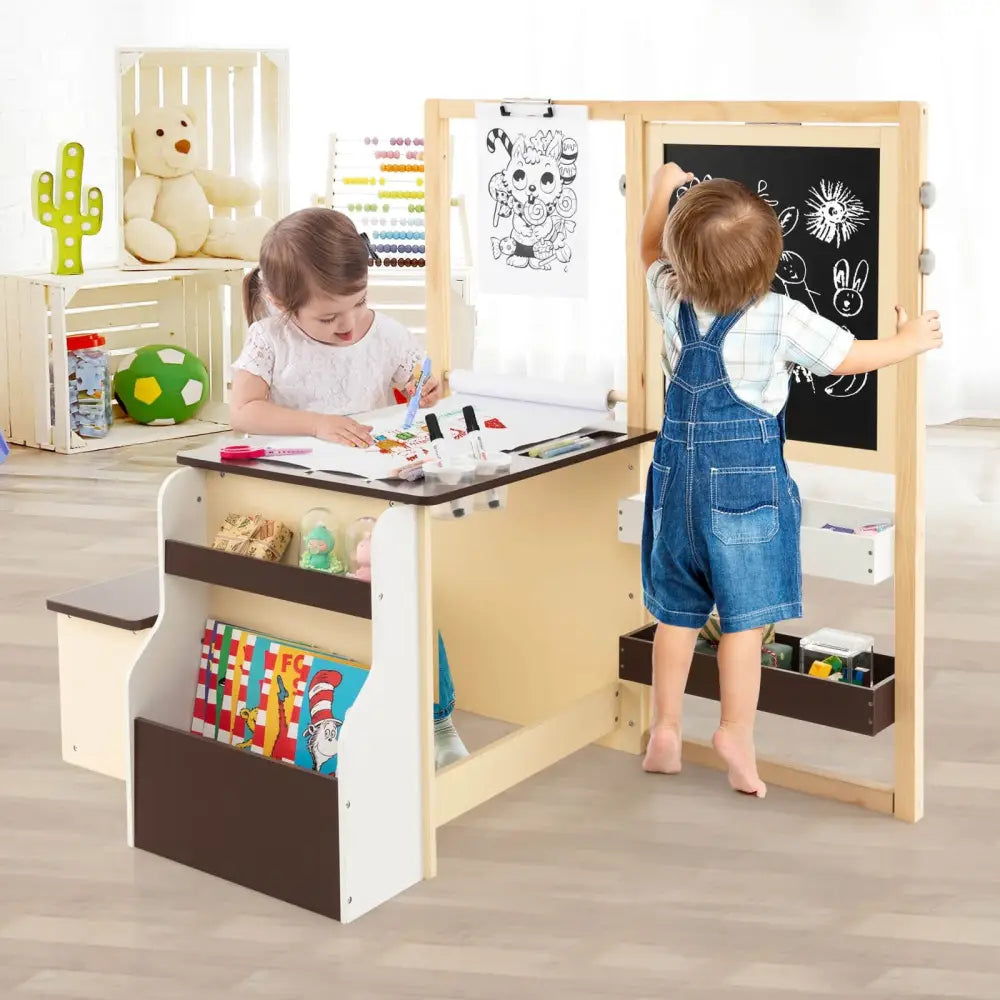 Kids Art Center Wooden Table Bench Set-Brown - Brown - Kids Table & Chair Sets
