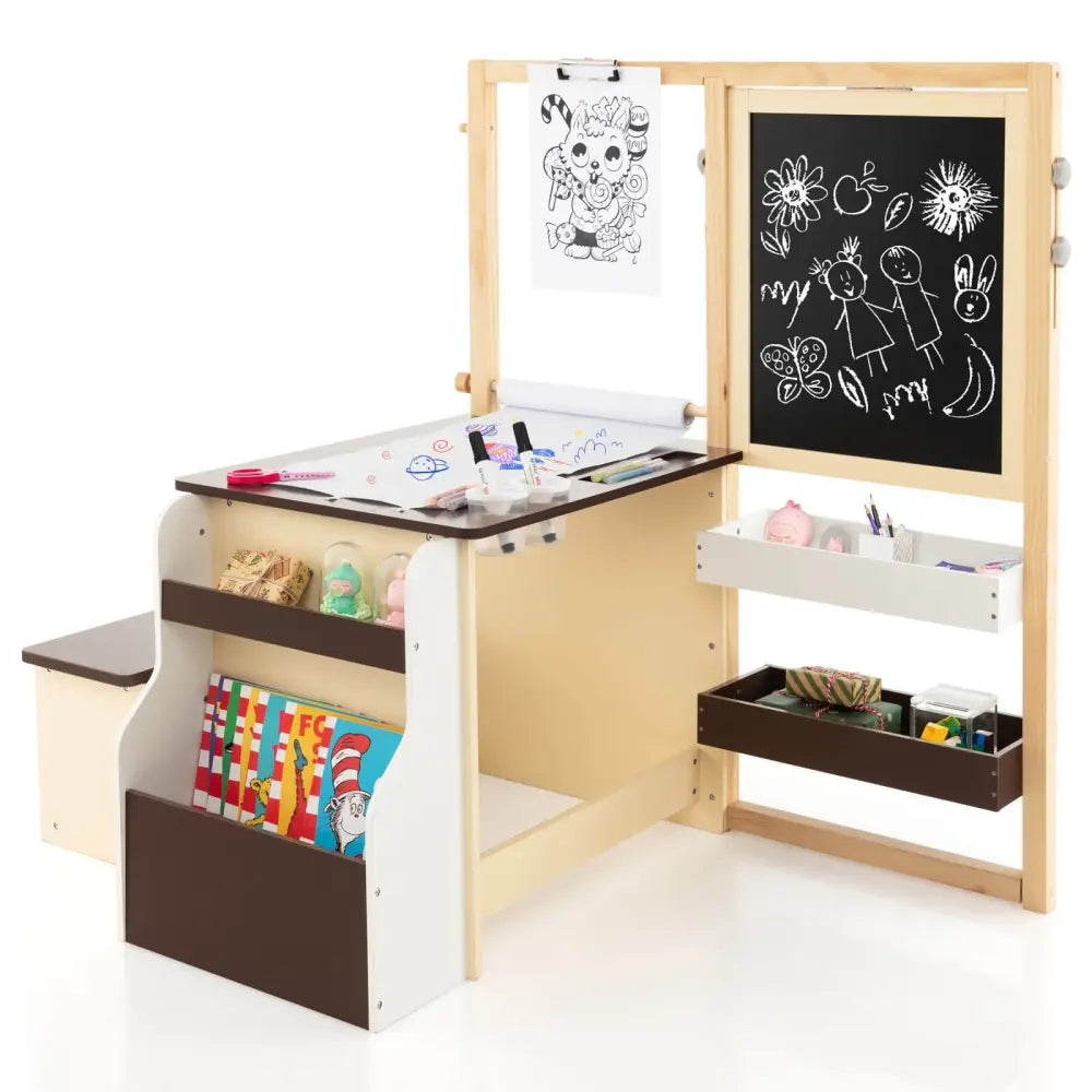 Kids Art Center Wooden Table Bench Set-Brown - Brown - Kids Table & Chair Sets