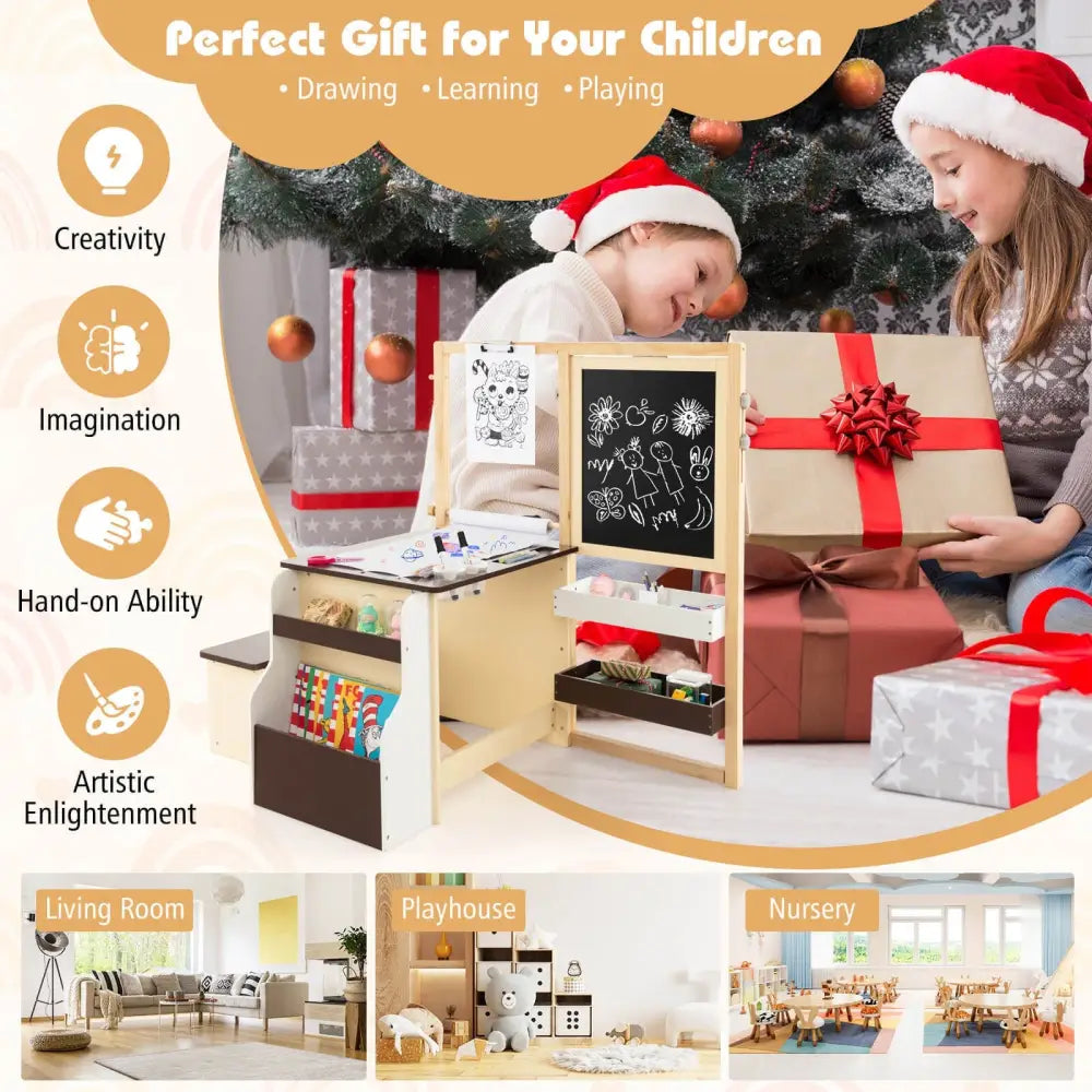 Kids Art Center Wooden Table Bench Set-Brown - Brown - Kids Table & Chair Sets