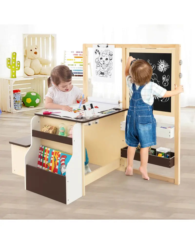 Kids Art Center Wooden Table Bench Set-Brown - Brown - Kids Table & Chair Sets