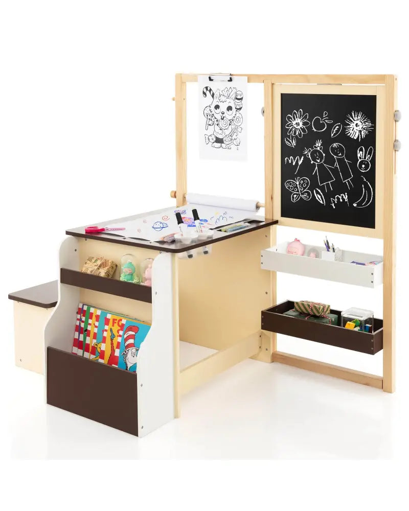 Kids Art Center Wooden Table Bench Set-Brown - Brown - Kids Table & Chair Sets