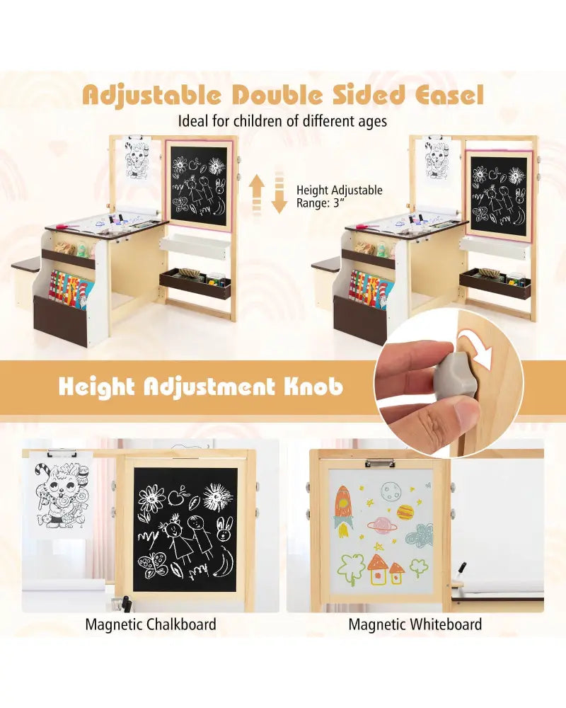 Kids Art Center Wooden Table Bench Set-Brown - Brown - Kids Table & Chair Sets