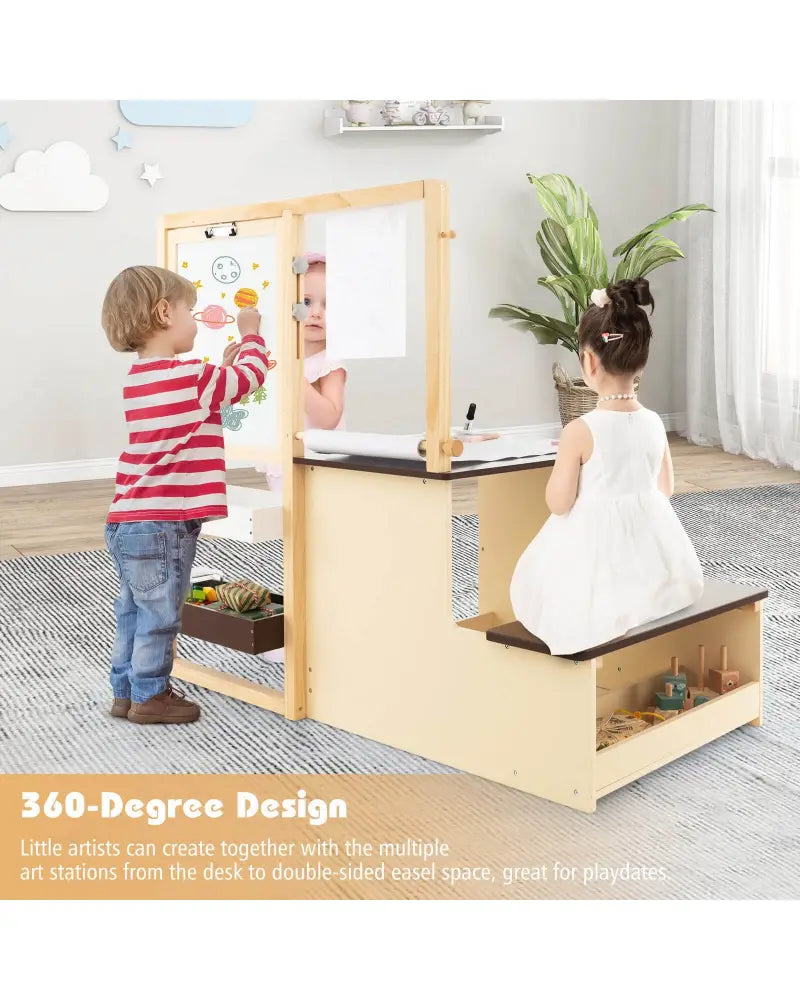 Kids Art Center Wooden Table Bench Set-Brown - Brown - Kids Table & Chair Sets