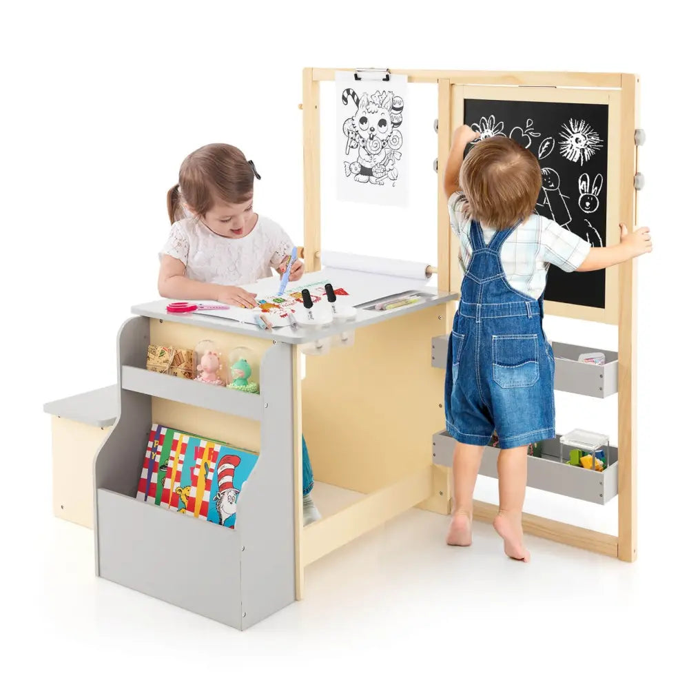 Kids Art Center Wooden Table Bench Set-Gray - Gray - Kids Table & Chair Sets