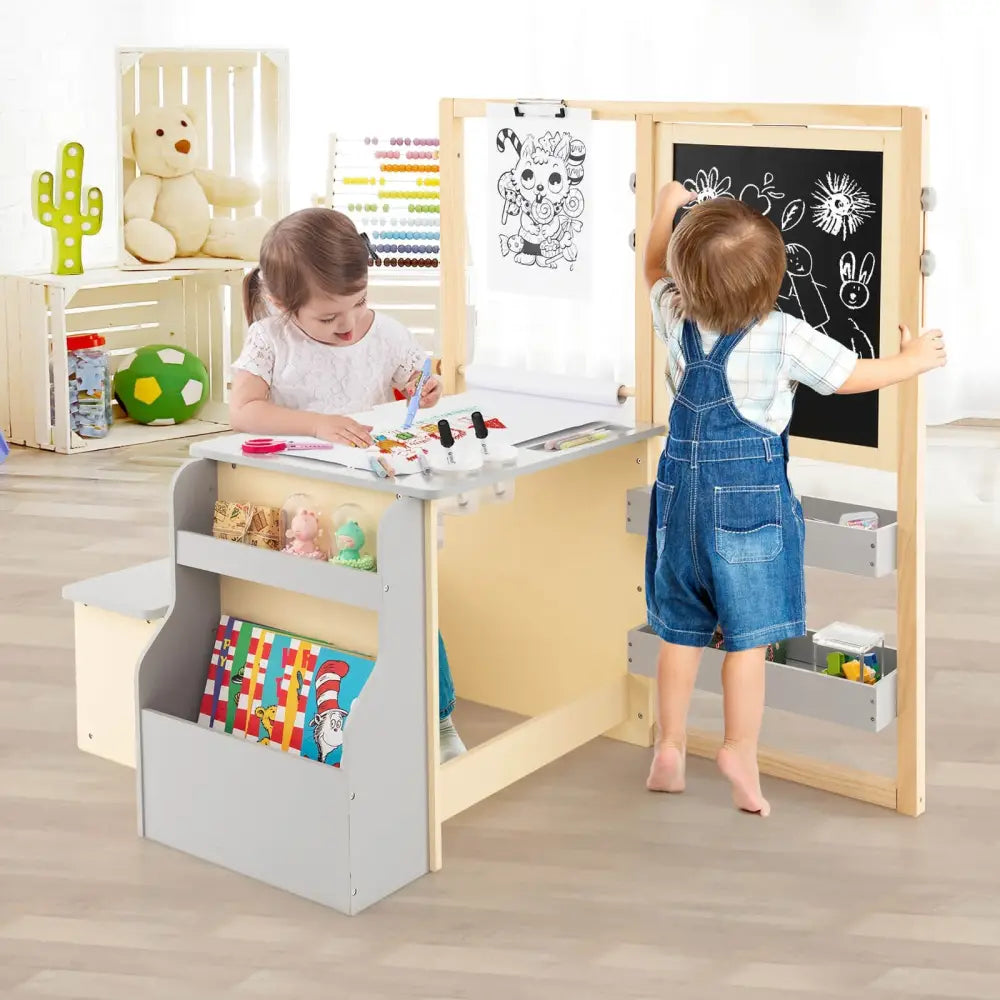 Kids Art Center Wooden Table Bench Set-Gray - Gray - Kids Table & Chair Sets
