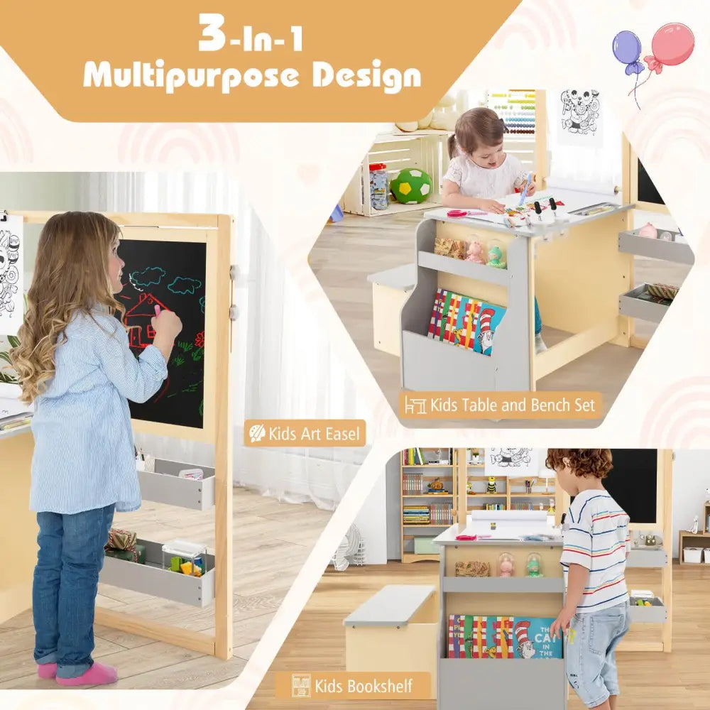 Kids Art Center Wooden Table Bench Set-Gray - Gray - Kids Table & Chair Sets