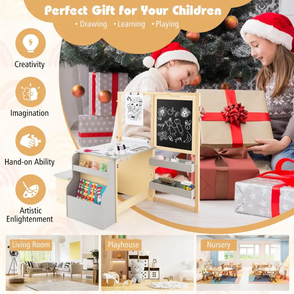 Kids Art Center Wooden Table Bench Set-Gray - Gray - Kids Table & Chair Sets