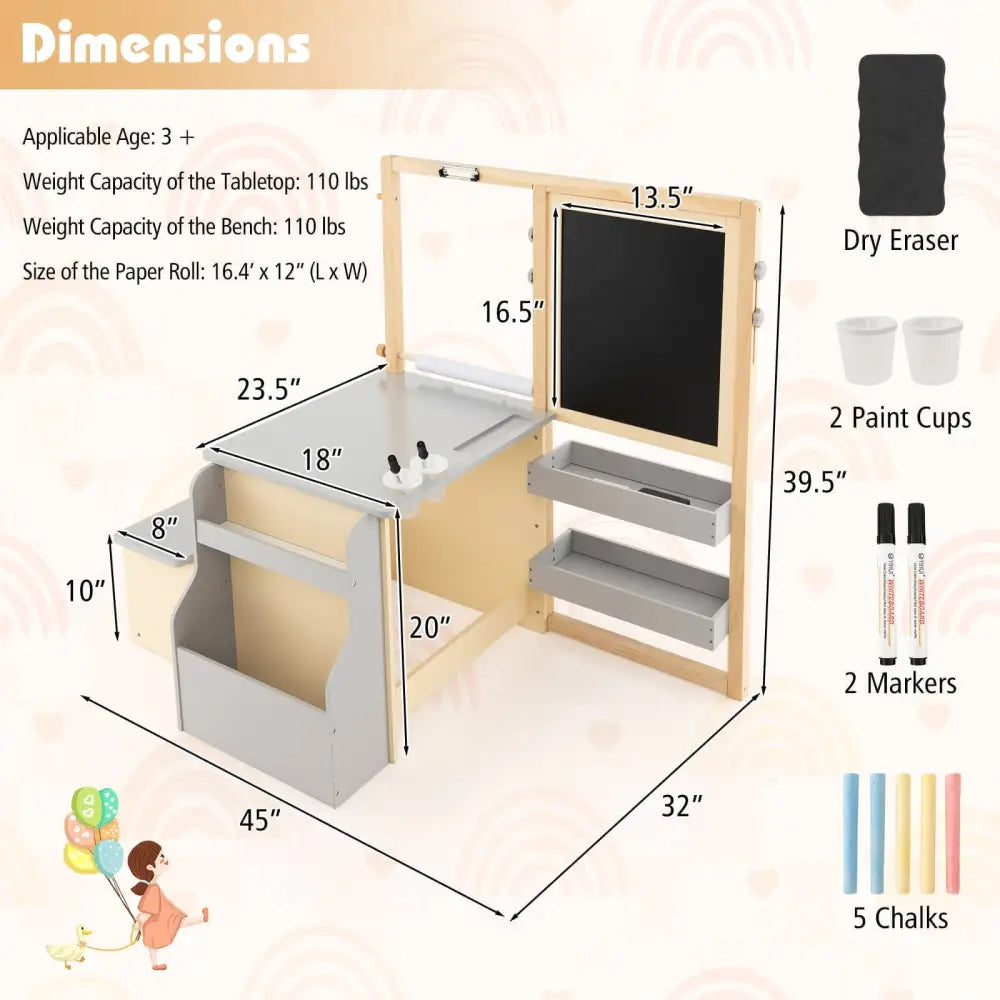 Kids Art Center Wooden Table Bench Set-Gray - Gray - Kids Table & Chair Sets