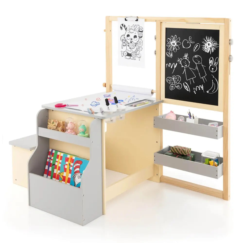 Kids Art Center Wooden Table Bench Set-Gray - Gray - Kids Table & Chair Sets