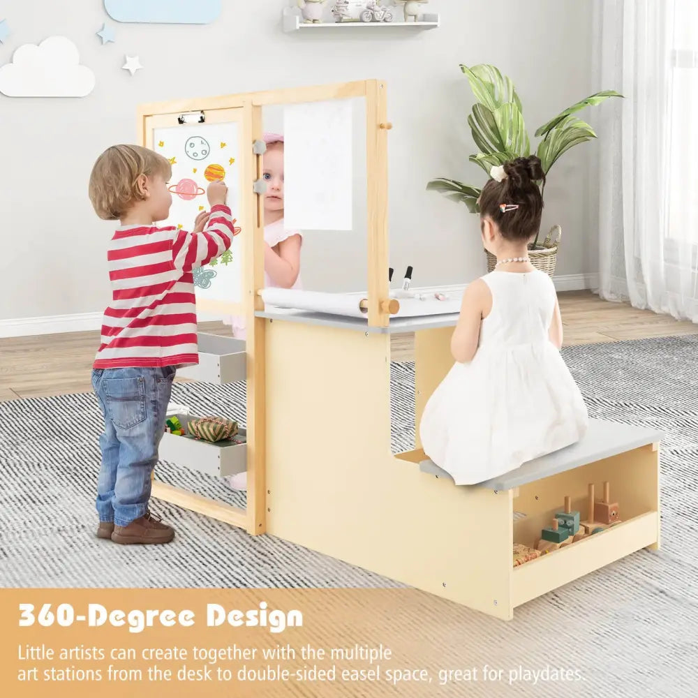 Kids Art Center Wooden Table Bench Set-Gray - Gray - Kids Table & Chair Sets
