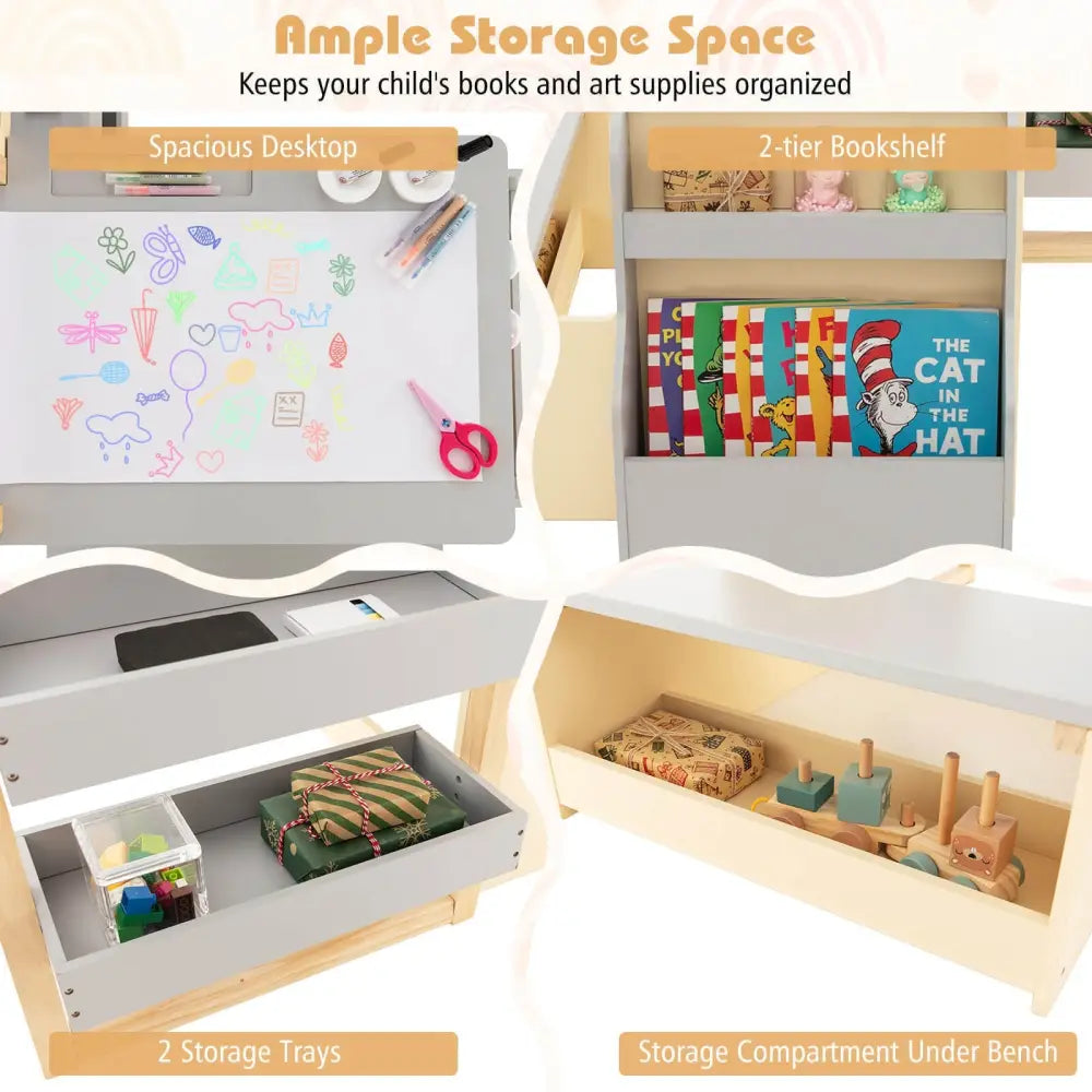 Kids Art Center Wooden Table Bench Set-Gray - Gray - Kids Table & Chair Sets