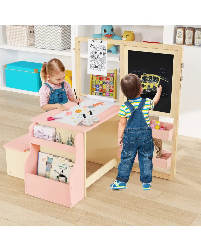 Kids Art Center Wooden Table Bench Set-PI - Pink - Kids Table & Chair Sets