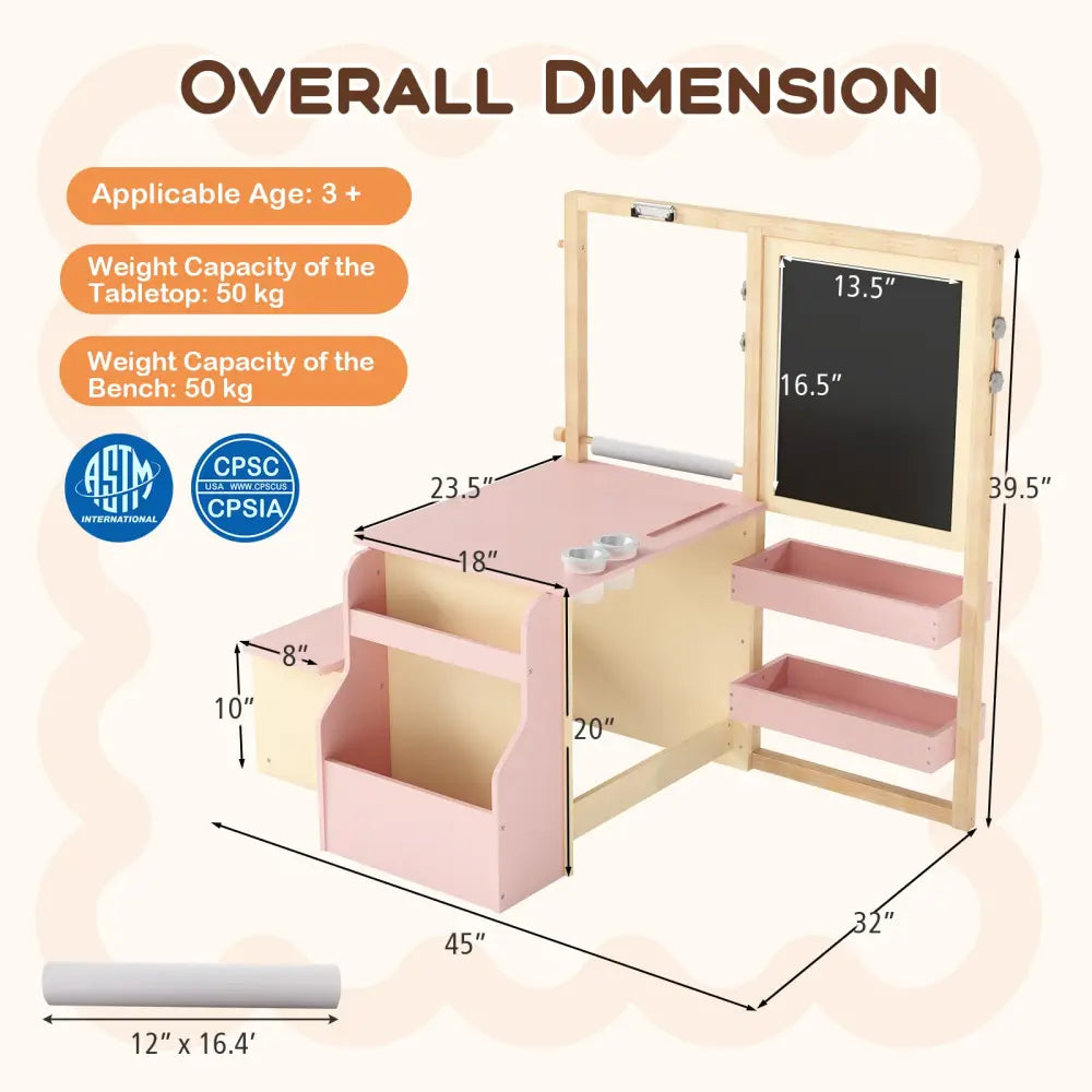 Kids Art Center Wooden Table Bench Set-PI - Pink - Kids Table & Chair Sets