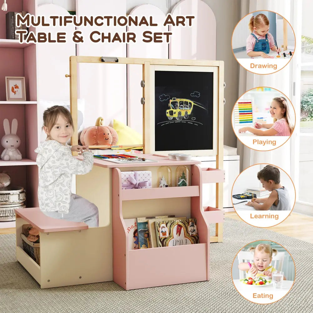 Kids Art Center Wooden Table Bench Set-PI - Pink - Kids Table & Chair Sets