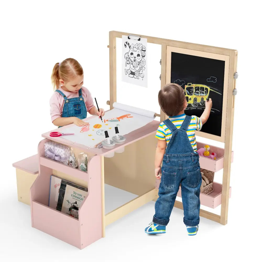 Kids Art Center Wooden Table Bench Set-PI - Pink - Kids Table & Chair Sets