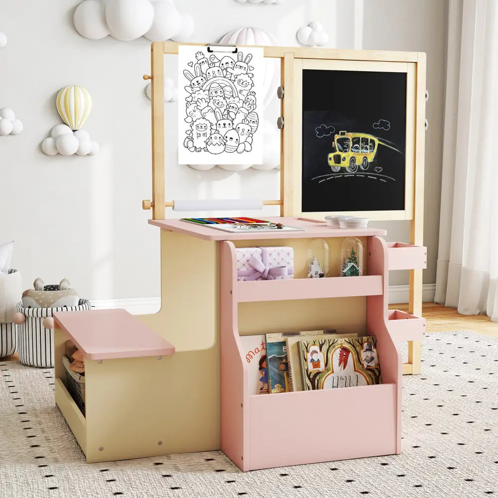 Kids Art Center Wooden Table Bench Set-PI - Pink - Kids Table & Chair Sets