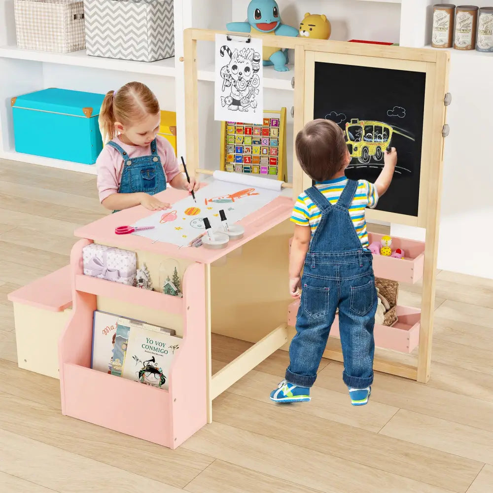 Kids Art Center Wooden Table Bench Set-PI - Pink - Kids Table & Chair Sets