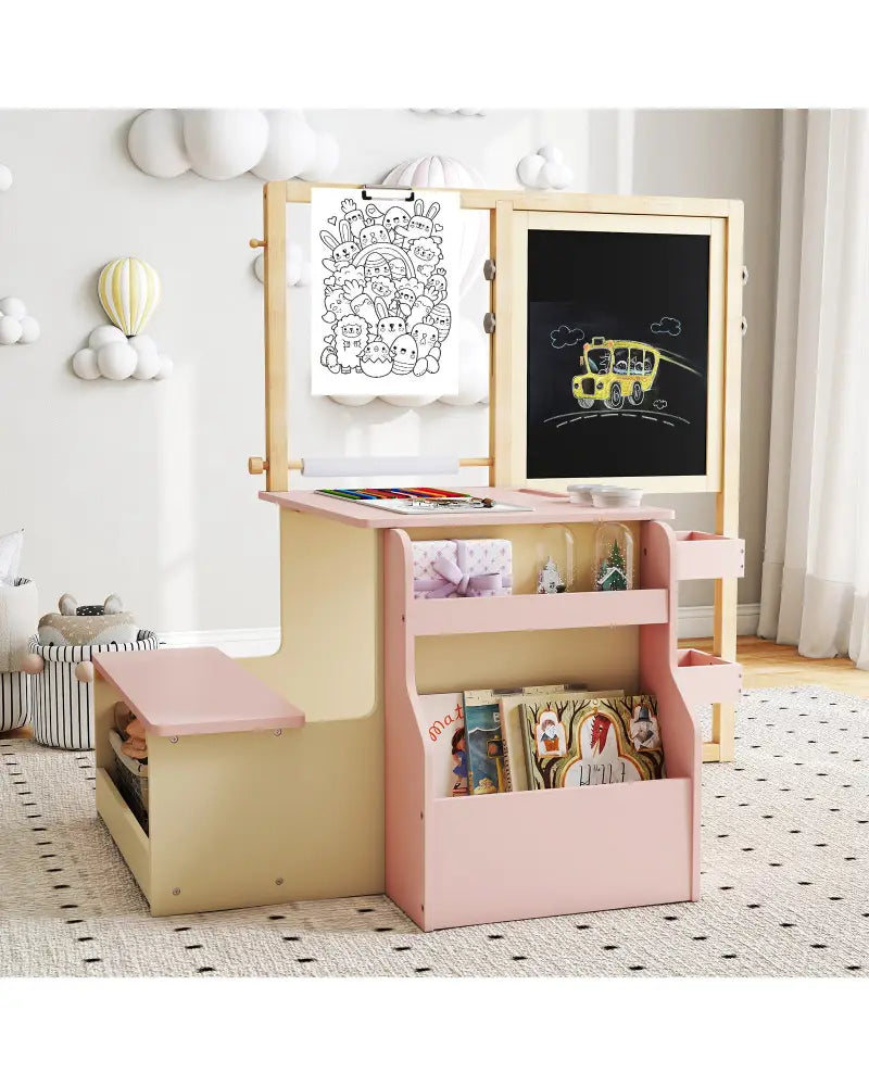 Kids Art Center Wooden Table Bench Set-PI - Pink - Kids Table & Chair Sets