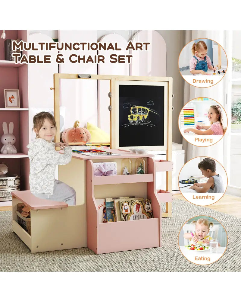 Kids Art Center Wooden Table Bench Set-PI - Pink - Kids Table & Chair Sets