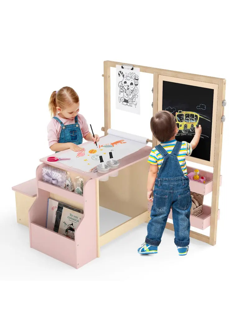Kids Art Center Wooden Table Bench Set-PI - Pink - Kids Table & Chair Sets