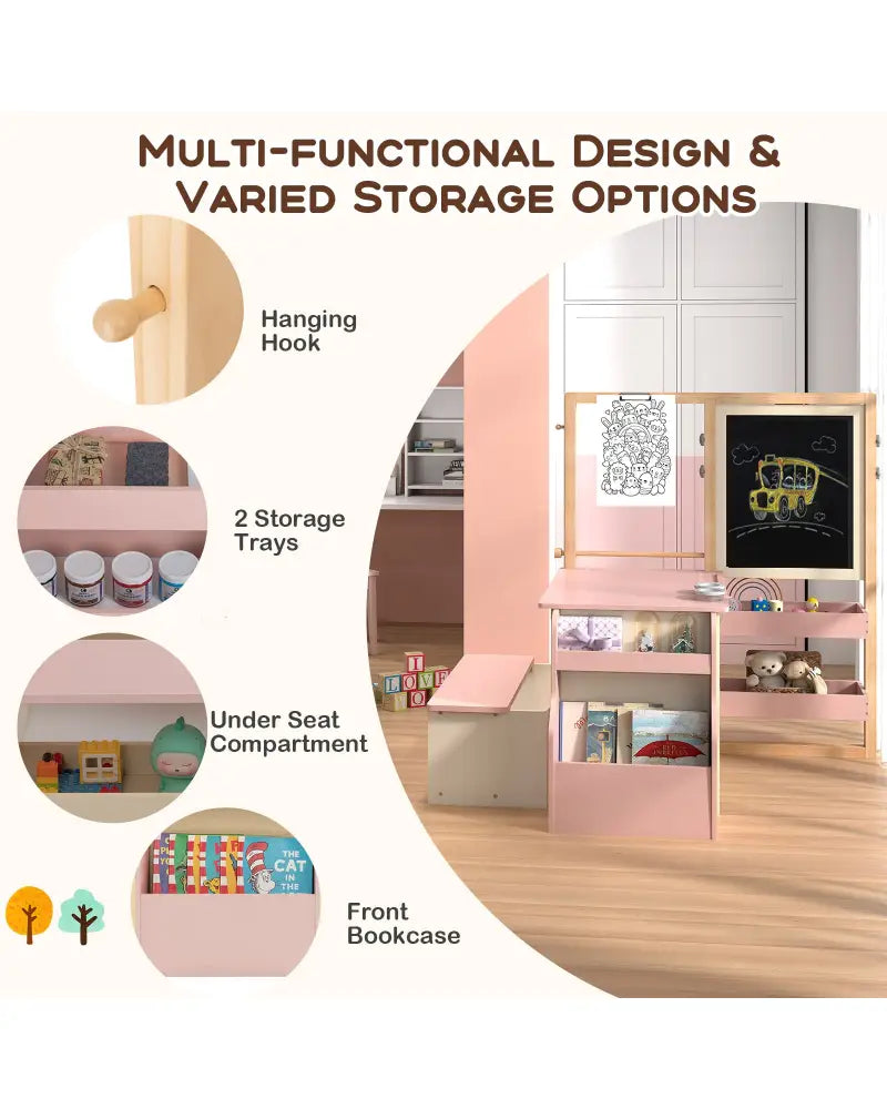 Kids Art Center Wooden Table Bench Set-PI - Pink - Kids Table & Chair Sets