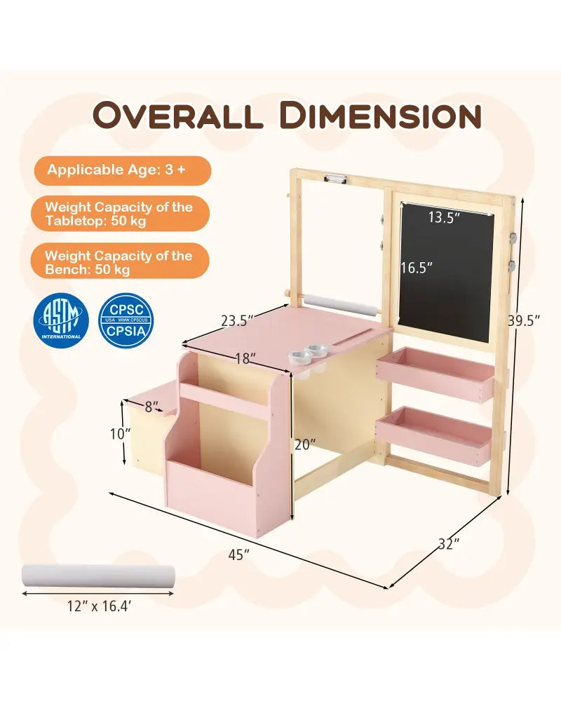 Kids Art Center Wooden Table Bench Set-PI - Pink - Kids Table & Chair Sets