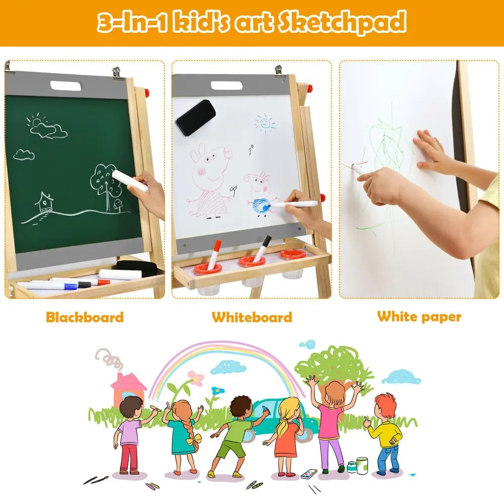 Kids Art Easel with Paper Roll Double Sided Chalkboard and Whiteboard-Gray - Gray - Art Easels