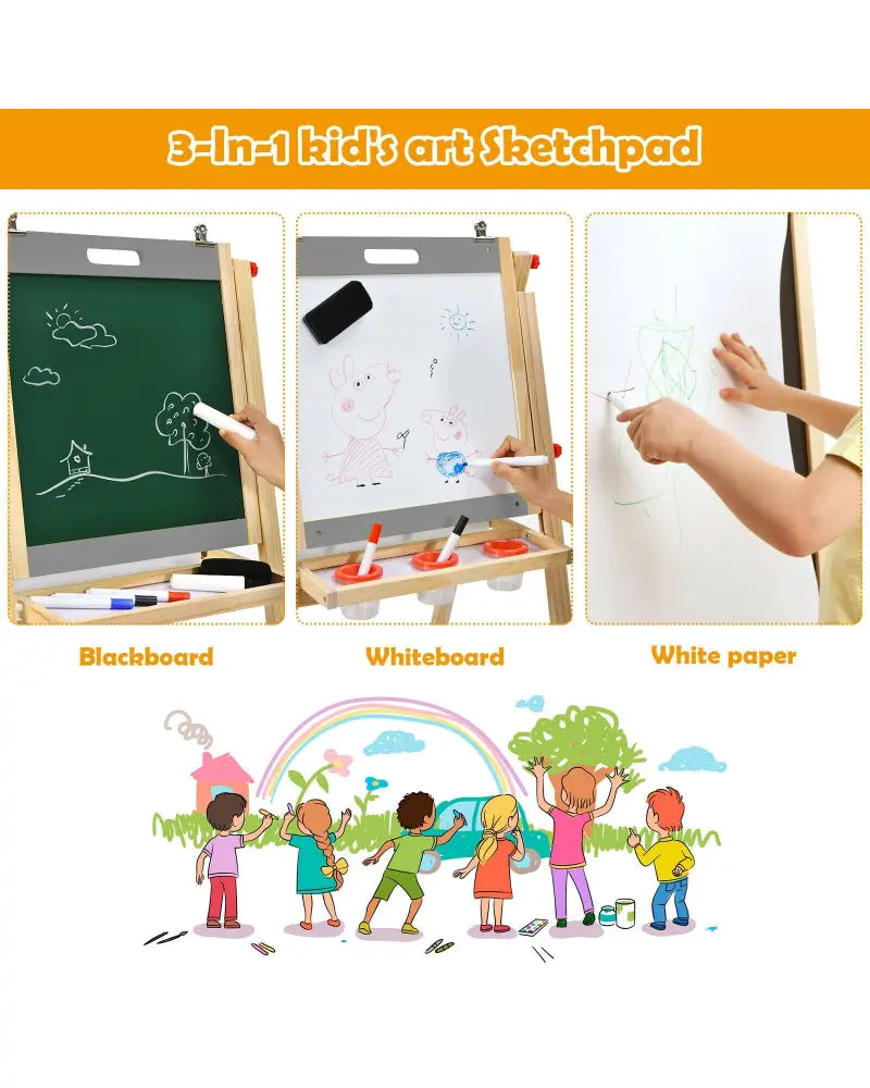 Kids Art Easel with Paper Roll Double Sided Chalkboard and Whiteboard-Gray - Gray - Art Easels