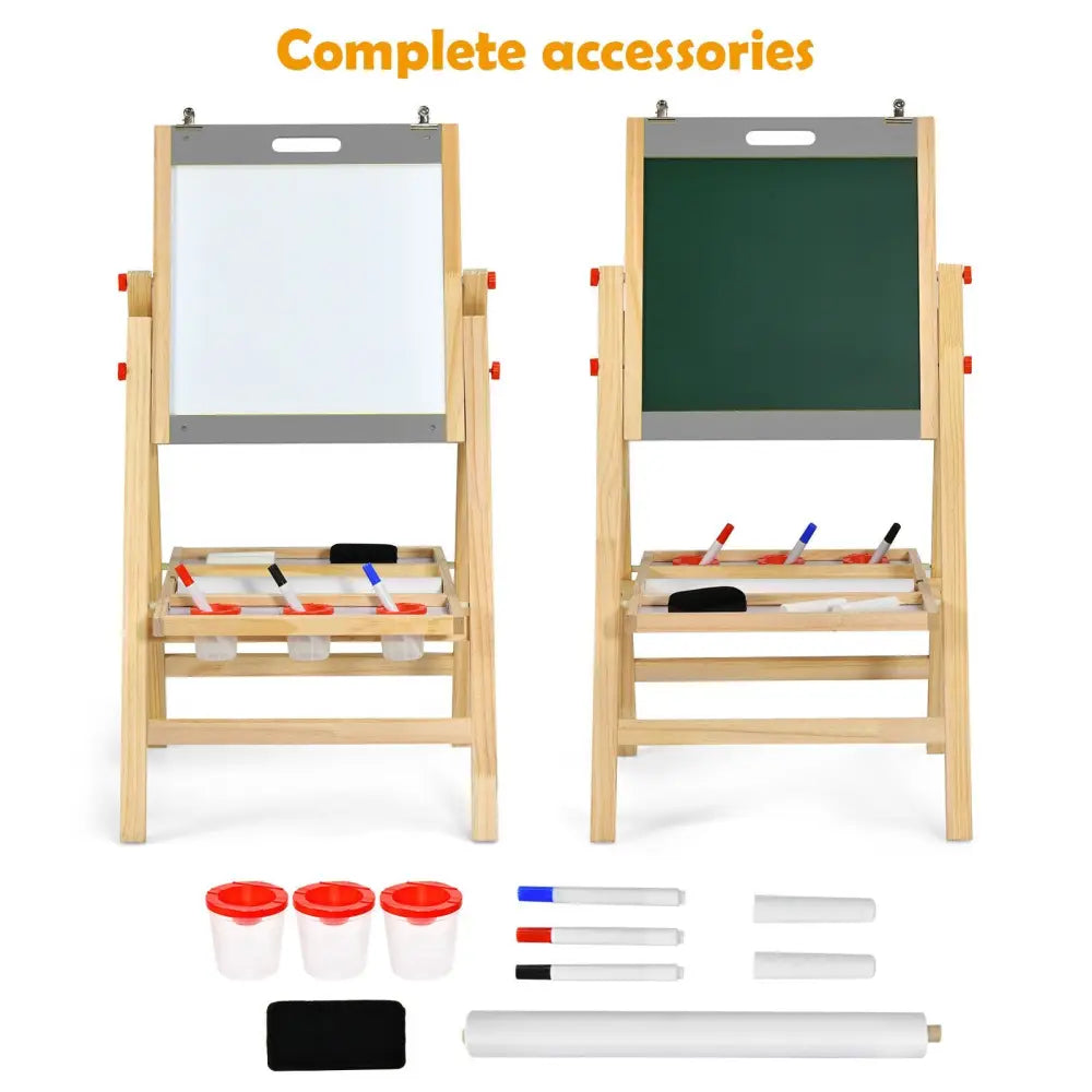 Kids Art Easel with Paper Roll Double Sided Chalkboard and Whiteboard-Gray - Gray - Art Easels