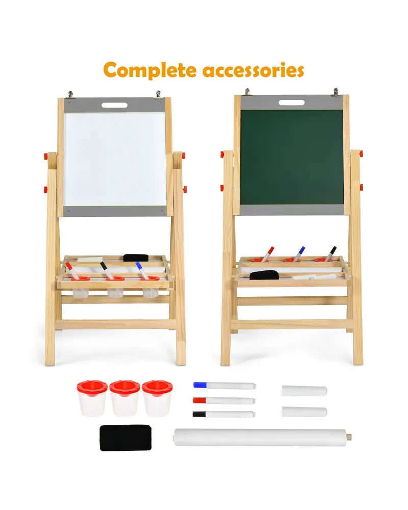 Kids Art Easel with Paper Roll Double Sided Chalkboard and Whiteboard-Gray - Gray - Art Easels