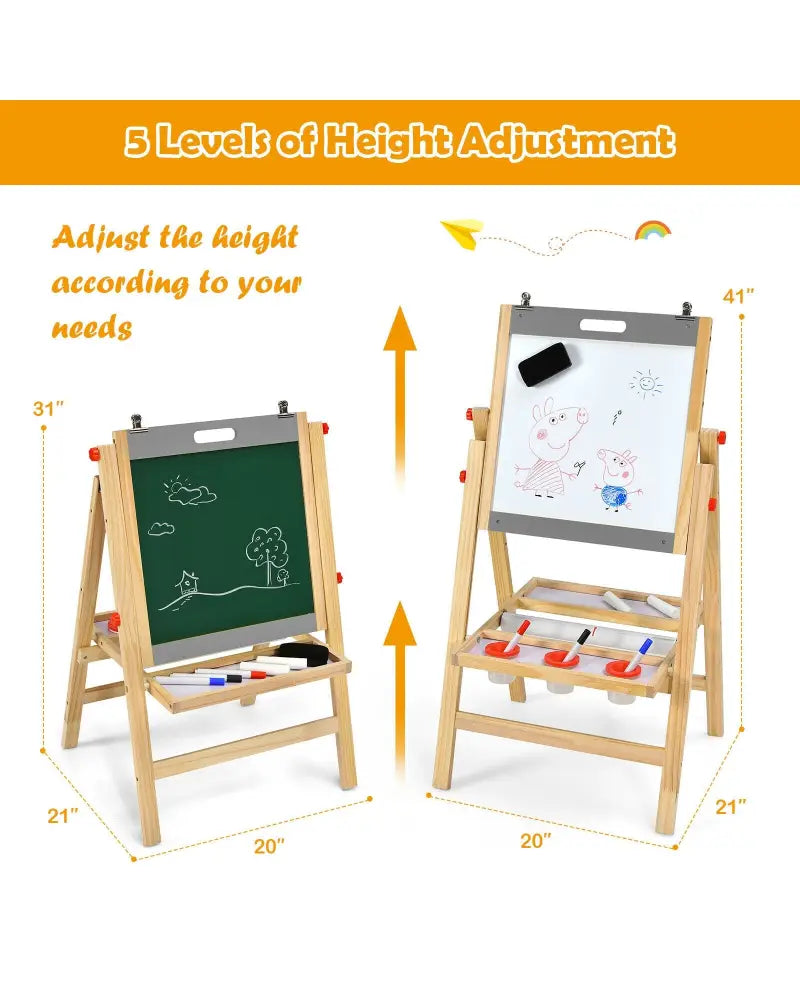 Kids Art Easel with Paper Roll Double Sided Chalkboard and Whiteboard-Gray - Gray - Art Easels