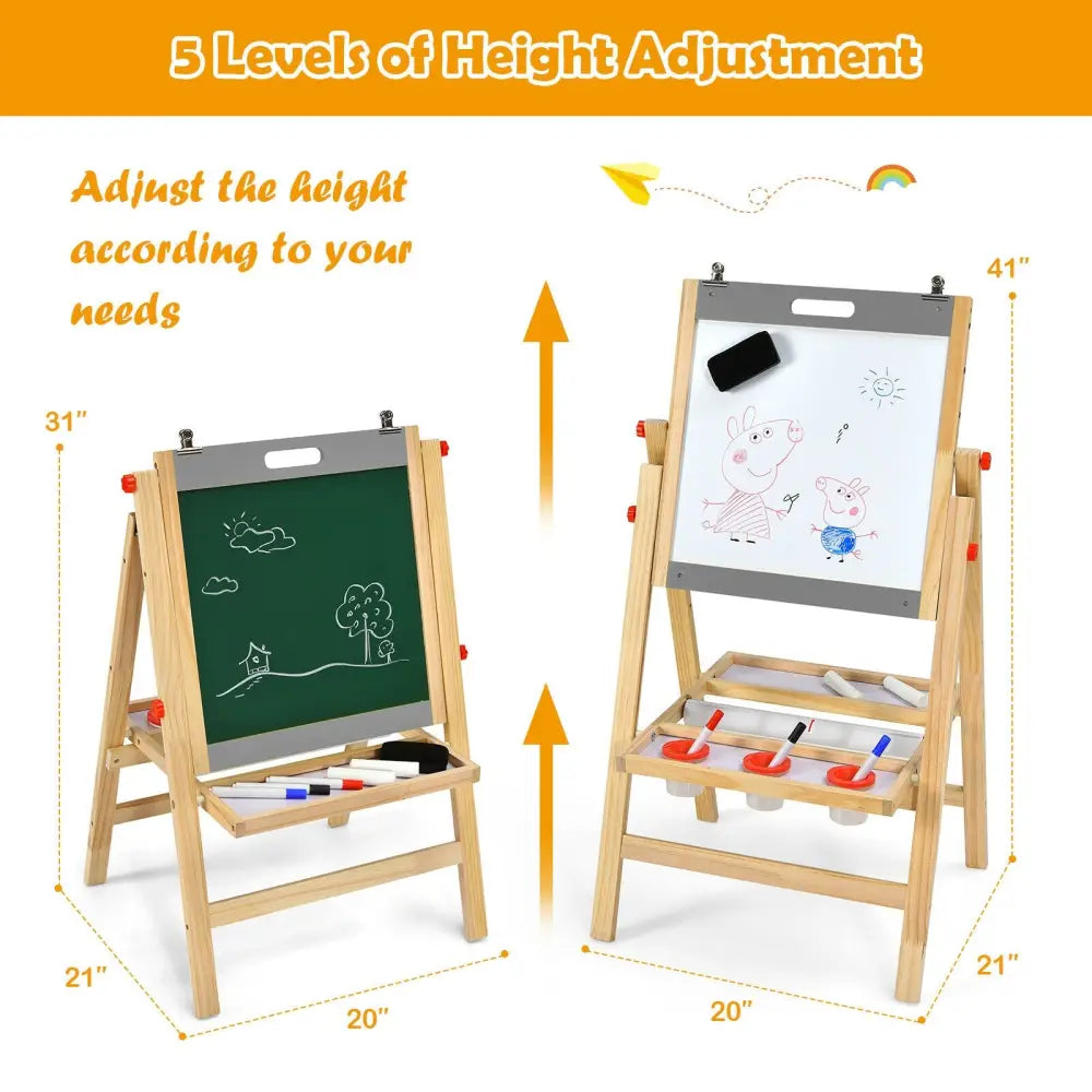 Kids Art Easel with Paper Roll Double Sided Chalkboard and Whiteboard-Gray - Gray - Art Easels