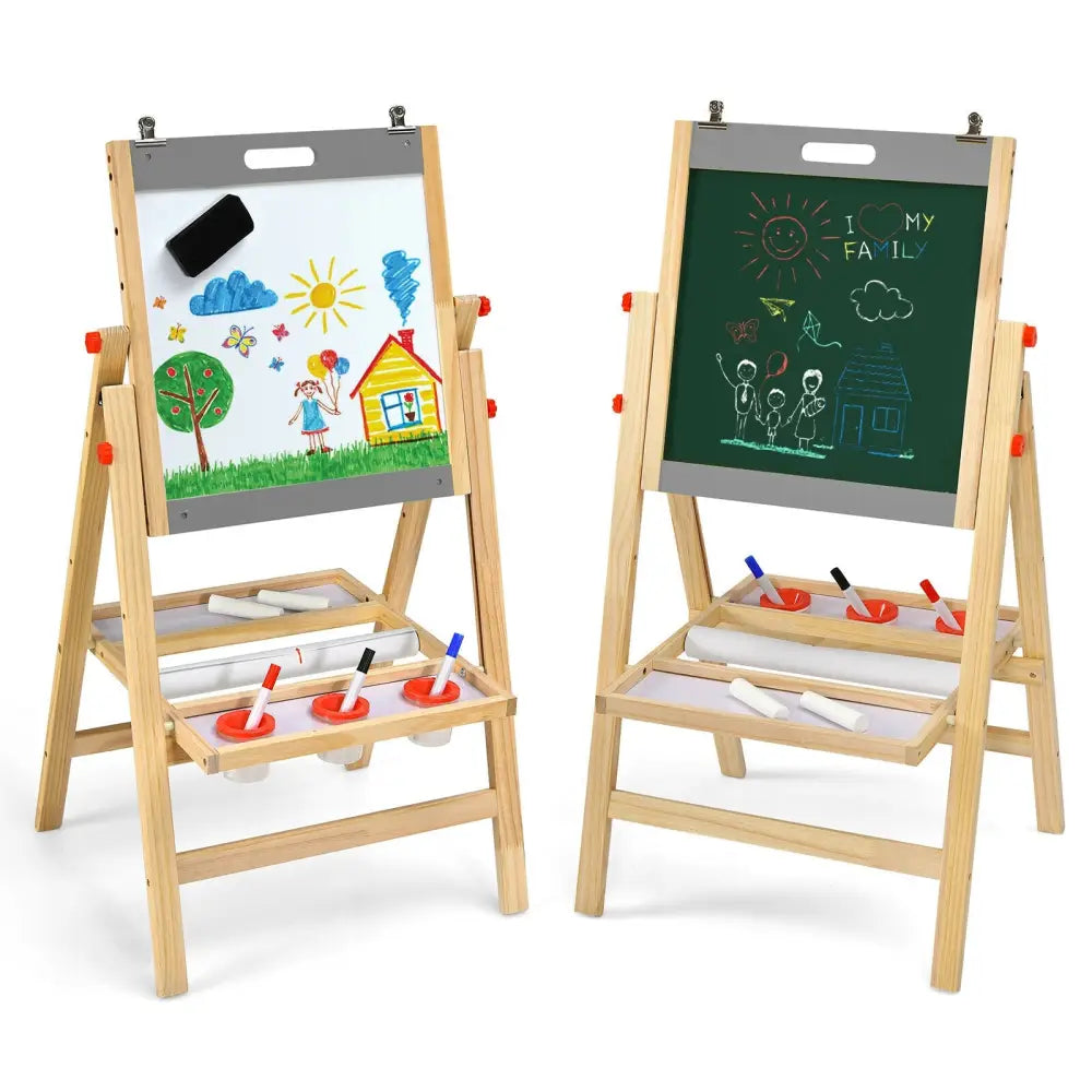 Kids Art Easel with Paper Roll Double Sided Chalkboard and Whiteboard-Gray - Gray - Art Easels